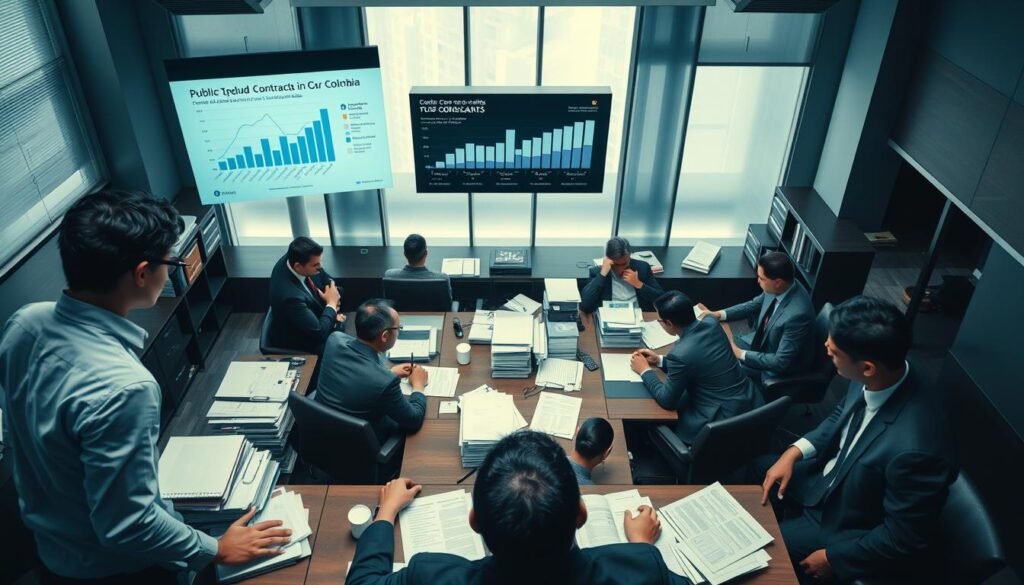 A dramatic, high-angle view of a bustling government office environment with professionals in business attire, engaged in discussions and reviewing public contracts. In the foreground, a group of focused individuals analyzes documents with furrowed brows, reflecting concern over public procurement issues in Colombia. The middle ground showcases a large digital screen displaying graphs and statistics about contracting failures, while stacks of paperwork clutter the desks. In the background, large windows let in soft, natural light, creating a tense yet serious atmosphere. The overall color palette is muted with blues and greys, emphasizing the urgency of the situation. The image conveys a sense of frustration and urgency regarding public procurement processes.