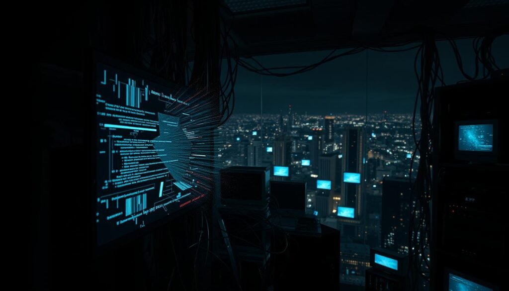 A dramatic portrayal of cyber obstruction, focusing on an intricate network of tangled cables and electronic circuits in a dimly lit room. In the foreground, a stylized, fractured computer screen displays static and error messages, symbolizing illegitimate interference with digital systems. The middle layer features a chaotic arrangement of telecom devices, such as routers and servers, partially obscured by a haze of digital distortion. The background showcases a darkened cityscape illuminated by sporadic screens, suggesting a larger network disrupted by unseen forces. The lighting is moody, with strong contrasts between shadows and neon glows, creating a tense atmosphere that conveys urgency and the consequences of compromised communication. Aim for a cinematic angle that highlights the complexity and fragility of modern technology. A dramatic portrayal of cyber obstruction, focusing on an intricate network of tangled cables and electronic circuits in a dimly lit room. In the foreground, a stylized, fractured computer screen displays static and error messages, symbolizing illegitimate interference with digital systems. The middle layer features a chaotic arrangement of telecom devices, such as routers and servers, partially obscured by a haze of digital distortion. The background showcases a darkened cityscape illuminated by sporadic screens, suggesting a larger network disrupted by unseen forces. The lighting is moody, with strong contrasts between shadows and neon glows, creating a tense atmosphere that conveys urgency and the consequences of compromised communication. Aim for a cinematic angle that highlights the complexity and fragility of modern technology.