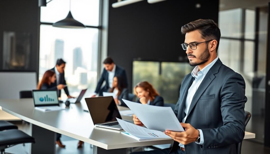 A dynamic and focused scene depicting a professional business meeting focused on preparing a winning bid. In the foreground, a well-dressed individual, wearing a smart blazer and holding a proposal document, is thoughtfully reviewing their plans at a modern conference table. The middle ground features a group of diverse professionals engaged in discussion, surrounded by charts and a laptop displaying bidding strategies. In the background, a large window casts natural light into the room, creating a bright and optimistic atmosphere, with cityscape views of Bogotá. The overall mood is one of collaboration and determination, highlighting urgency and strategy in the bidding process. The image should exhibit clarity and professionalism, emphasizing teamwork and focus in a sleek office environment.