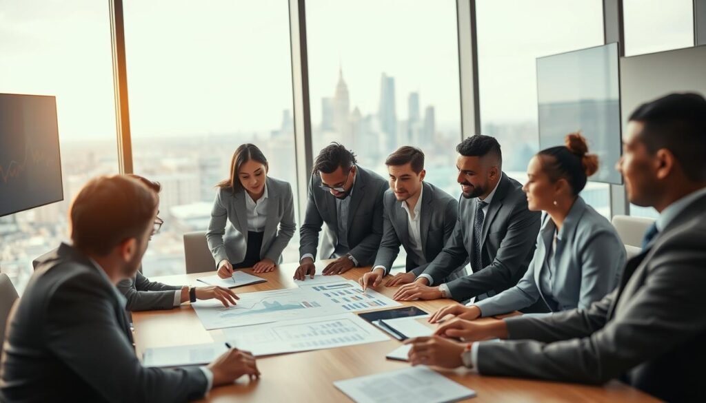 A dynamic business meeting scene set in a modern conference room. In the foreground, diverse professionals engage around a large table, displaying strategic diagrams and documents. One person points to a chart while others listen intently, dressed in tailored business attire. In the middle ground, a city skyline is visible through large windows, suggesting opportunity and growth. Soft, warm lighting casts a collaborative atmosphere, while a subtle lens blur adds focus to the participants. The background hints at technological elements, with screens displaying graphs and data. The overall mood is one of determination and teamwork, highlighting the essence of strategic partnerships and defined roles before making significant business decisions. A dynamic business meeting scene set in a modern conference room. In the foreground, diverse professionals engage around a large table, displaying strategic diagrams and documents. One person points to a chart while others listen intently, dressed in tailored business attire. In the middle ground, a city skyline is visible through large windows, suggesting opportunity and growth. Soft, warm lighting casts a collaborative atmosphere, while a subtle lens blur adds focus to the participants. The background hints at technological elements, with screens displaying graphs and data. The overall mood is one of determination and teamwork, highlighting the essence of strategic partnerships and defined roles before making significant business decisions.