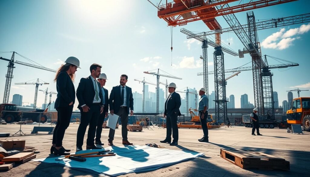 A dynamic construction site showcasing the essence of transparency and competition in public works contracts. In the foreground, a group of professionals in business attire is gathered around blueprints, discussing strategies earnestly, with tools and construction equipment nearby. The middle layer features cranes and workers actively engaged in building a modern infrastructure, symbolizing collaboration and efficiency. In the background, cityscape silhouettes under a clear blue sky highlight the project’s scale. Soft sunlight casts gentle shadows, creating a warm, inviting atmosphere that reflects hope and progress. The perspective is slightly elevated, offering a comprehensive view of the bustling site, emphasizing the importance of integrity and professionalism in construction contracts. A dynamic construction site showcasing the essence of transparency and competition in public works contracts. In the foreground, a group of professionals in business attire is gathered around blueprints, discussing strategies earnestly, with tools and construction equipment nearby. The middle layer features cranes and workers actively engaged in building a modern infrastructure, symbolizing collaboration and efficiency. In the background, cityscape silhouettes under a clear blue sky highlight the project’s scale. Soft sunlight casts gentle shadows, creating a warm, inviting atmosphere that reflects hope and progress. The perspective is slightly elevated, offering a comprehensive view of the bustling site, emphasizing the importance of integrity and professionalism in construction contracts.