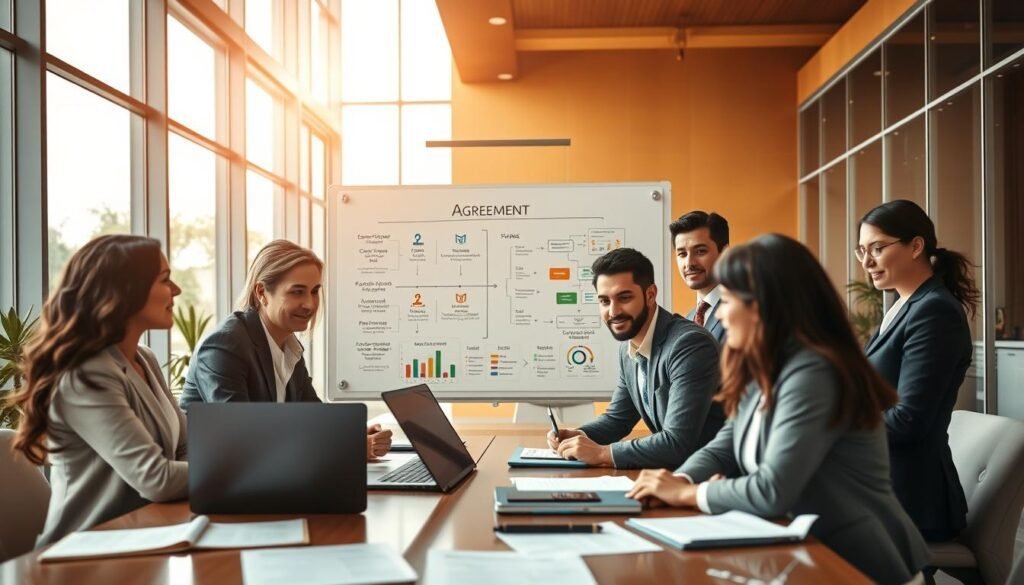 A dynamic corporate office environment illustrating the "proceso de reorganización empresarial". In the foreground, a diverse group of professionals in business attire are engaged in a negotiation, depicted with open documents and laptops on a conference table. In the middle, a whiteboard outlines key strategies with colorful graphs and flow diagrams highlighting the agreement process. The background features modern office architecture, including large windows with natural light streaming in, creating an optimistic atmosphere. The color palette is warm and inviting, emphasizing collaboration and continuity. The angle captures both the participants' expressions of determination and the progress on display, evoking a mood of hope and strategic planning. A dynamic corporate office environment illustrating the "proceso de reorganización empresarial". In the foreground, a diverse group of professionals in business attire are engaged in a negotiation, depicted with open documents and laptops on a conference table. In the middle, a whiteboard outlines key strategies with colorful graphs and flow diagrams highlighting the agreement process. The background features modern office architecture, including large windows with natural light streaming in, creating an optimistic atmosphere. The color palette is warm and inviting, emphasizing collaboration and continuity. The angle captures both the participants' expressions of determination and the progress on display, evoking a mood of hope and strategic planning.