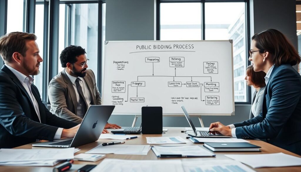 A dynamic office environment depicting a professional team collaborating on public bidding processes. In the foreground, a diverse group of three professionals in business attire—two men and one woman—are gathered around a conference table covered in documents, laptops, and charts. They express focus and determination as they discuss strategies. In the middle ground, a whiteboard displays a flowchart of the bidding process, with highlighted key stages from preparation to monitoring. The background features large windows letting in natural light, illuminating the modern office space. The atmosphere is one of productivity and teamwork, with a sense of urgency and clear goals. The image should convey a professional yet approachable mood, ideal for an article.