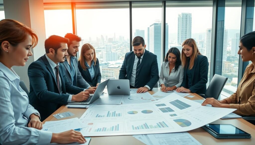A dynamic office environment illustrating the public bidding process in Colombia. In the foreground, a diverse group of professionals in business attire, focusing on a large document filled with charts and diagrams related to bidding proposals. The middle ground features a modern conference table with laptops, tablets, and various application forms scattered about. In the background, a large window reveals a bustling cityscape under bright, natural daylight, casting warm, inviting light into the room. The atmosphere is focused and energetic, embodying collaboration and strategic planning. Capture the essence of teamwork and ambition, emphasizing the importance of presenting compelling proposals in public procurement. No text or other distractions present.
