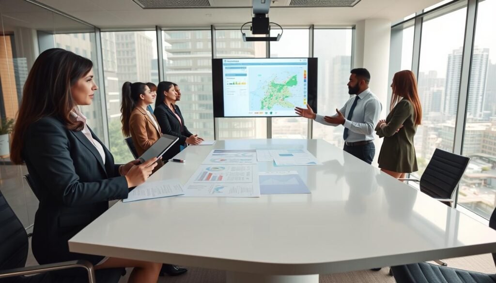 A dynamic office environment showcasing a diverse group of professional individuals collaborating on development projects in Colombia. In the foreground, a confident woman in business attire is reviewing documents on a tablet, while a man gestures emphatically as he shares ideas across a sleek conference table. The middle ground features a large screen displaying graphs and maps of local projects, symbolizing financial growth and urban development. The background includes large windows revealing a bustling cityscape, with soft natural light illuminating the scene, creating an optimistic and focused atmosphere. The composition should capture the essence of innovation and teamwork in the context of public service, with a wide-angle perspective to enhance the sense of collaboration and purpose.