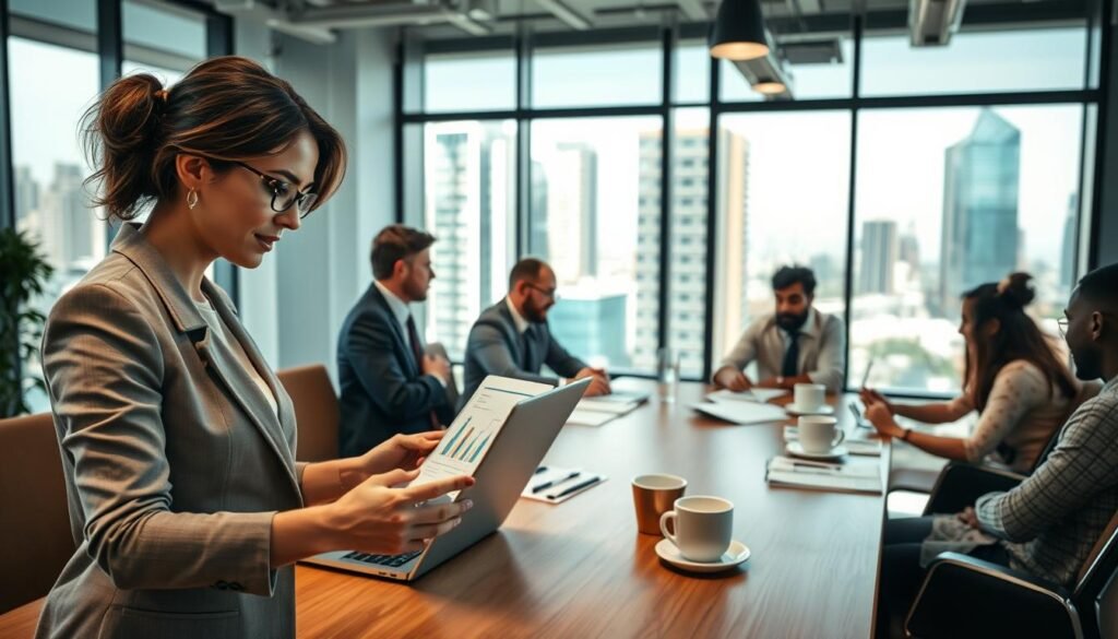 A dynamic office environment showcasing a diverse group of professionals engaged in a collaborative process of public contracting. In the foreground, a well-dressed woman analyzes data on a laptop, with graphs and charts visible on the screen. The middle layer features a diverse team discussing strategies around a large conference table, with documents and coffee cups scattered about. In the background, large windows let in natural light, illuminating a cityscape of modern office buildings. The mood is focused and productive, reflecting a spirit of teamwork and innovation in public procurement. Capture the image with a soft focus, highlighting the warmth of the setting while maintaining sharpness on the key activities of the professionals. A dynamic office environment showcasing a diverse group of professionals engaged in a collaborative process of public contracting. In the foreground, a well-dressed woman analyzes data on a laptop, with graphs and charts visible on the screen. The middle layer features a diverse team discussing strategies around a large conference table, with documents and coffee cups scattered about. In the background, large windows let in natural light, illuminating a cityscape of modern office buildings. The mood is focused and productive, reflecting a spirit of teamwork and innovation in public procurement. Capture the image with a soft focus, highlighting the warmth of the setting while maintaining sharpness on the key activities of the professionals.