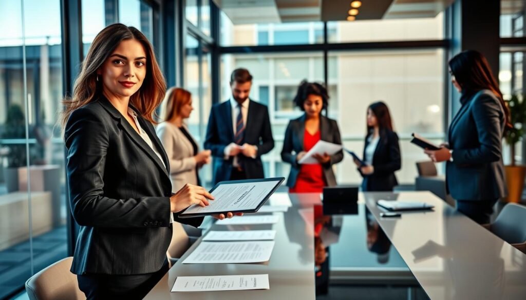 A dynamic office environment with a group of diverse professionals engaged in a public procurement process. In the foreground, a confident woman in a tailored business suit stands at a sleek conference table, reviewing documents and pointing to a digital tablet displaying contract details. The middle ground features colleagues, both men and women, in formal attire, discussing and taking notes. The background showcases a modern office with large windows, allowing natural light to flood the room, creating an inspirational atmosphere. Include subtle reflections on the glass and warm, inviting colors to enhance the professional mood. Use a slightly elevated camera angle to capture the teamwork and focus on collaboration in the negotiation process, emphasizing professionalism and accountability. A dynamic office environment with a group of diverse professionals engaged in a public procurement process. In the foreground, a confident woman in a tailored business suit stands at a sleek conference table, reviewing documents and pointing to a digital tablet displaying contract details. The middle ground features colleagues, both men and women, in formal attire, discussing and taking notes. The background showcases a modern office with large windows, allowing natural light to flood the room, creating an inspirational atmosphere. Include subtle reflections on the glass and warm, inviting colors to enhance the professional mood. Use a slightly elevated camera angle to capture the teamwork and focus on collaboration in the negotiation process, emphasizing professionalism and accountability.
