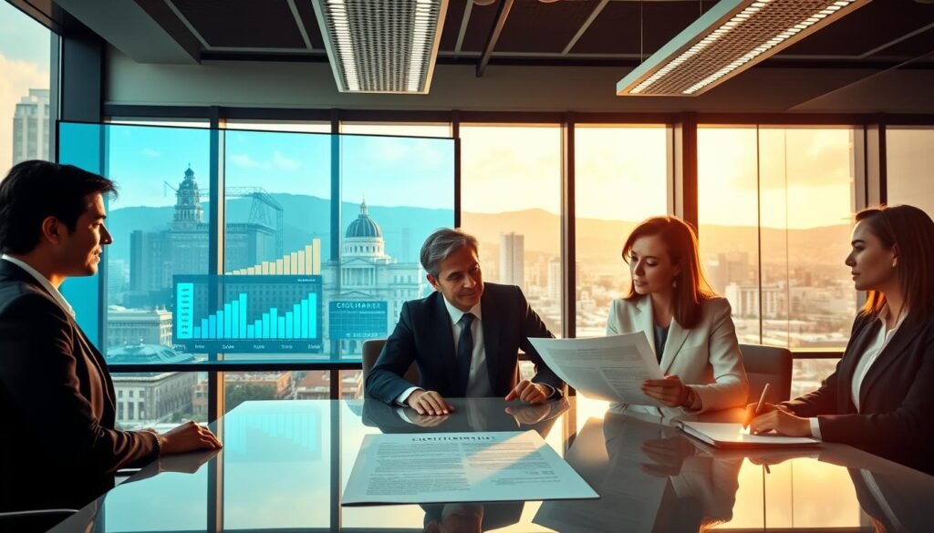 A dynamic office scene illustrating the concept of "contratación" in the context of the Colombian government. In the foreground, a diverse group of professionals in business attire, engaged in an animated discussion over a contract document on a modern conference table. The middle ground features a digital display showing graphs and data related to government contracting processes. The background reveals a panoramic view of a city, with iconic Colombian architecture and government buildings. Soft, natural lighting filters through large windows, creating a warm and inviting atmosphere. The composition should convey a sense of collaboration and modernity, with a focus on efficiency and transparency in public procurement. The image should be vibrant and professional, embodying the essence of effective contracting practices.