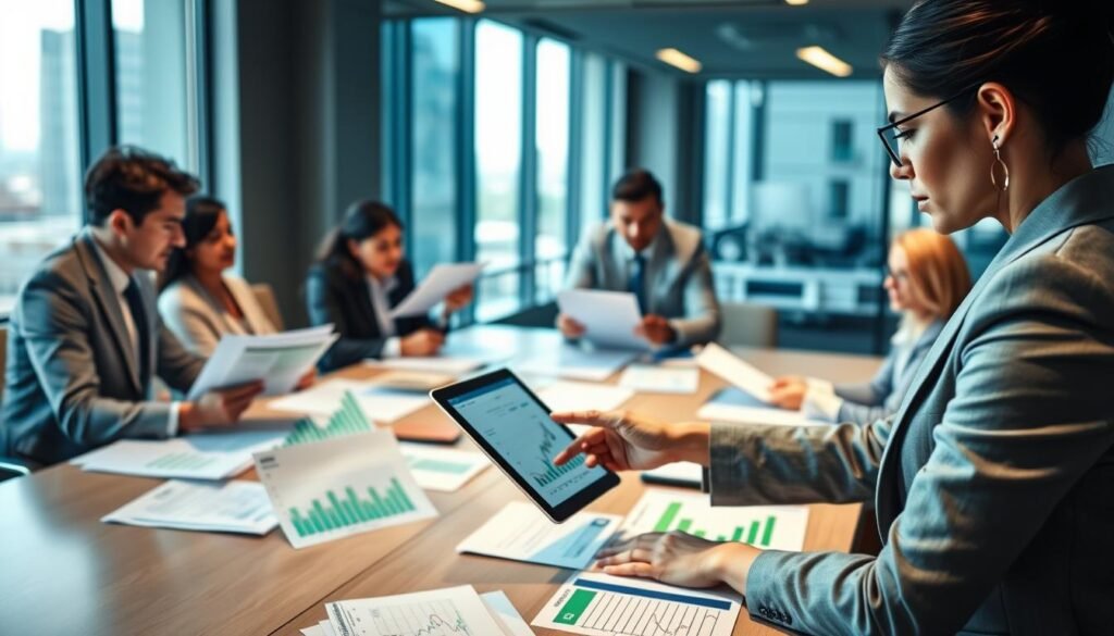 A dynamic office scene showcasing a diverse group of professionals engaged in a heated discussion around a large conference table, filled with documents and charts depicting financial data. In the foreground, a focused woman in a tailored suit points at a digital tablet displaying impressive financial graphs and a striking annotation indicating "millions." In the middle ground, two colleagues, a man and a woman, scrutinize reports and engage in animated conversation. The background features large windows with city views, letting natural light flood the room. The atmosphere is tense yet productive, with a sense of urgency and high stakes. The color palette includes muted blues and grays with accents of vibrant green from the charts, emphasizing the financial theme.