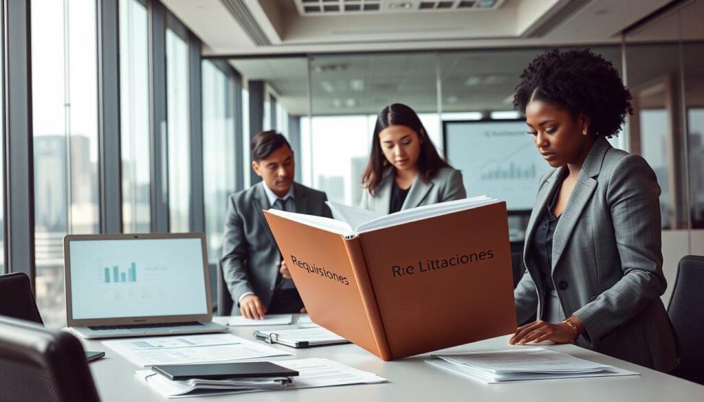 A dynamic office setting filled with professionals engaged in reviewing documents. In the foreground, a diverse group of three individuals—one Caucasian man, one Hispanic woman, and one Black woman—dressed in smart business attire, are attentively examining a thick binder labeled "Requisitos Licitaciones". In the middle ground, a large conference table is scattered with papers, a laptop, and a projector displaying charts. The background features glass walls with a cityscape view, suggesting a high-rise office environment. Soft natural lighting streams in from large windows, creating a focused yet collaborative atmosphere. The overall mood is serious and determined, reflecting the challenges and complexities of navigating bidding requirements in business.