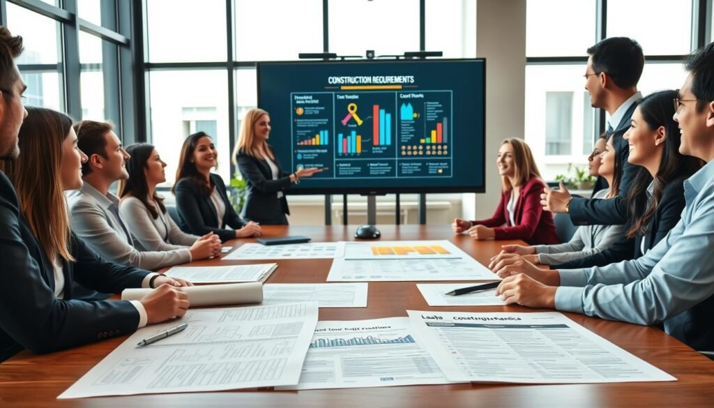 A dynamic, professional workspace where a diverse group of business professionals, dressed in business attire, are engaged in an animated discussion around a conference table. The foreground features detailed documents and construction plans laid out on the table, showcasing key requirements for bidding in construction projects. In the middle ground, one woman is pointing at a large presentation screen displaying an elegant infographic of construction requirements. The background reveals large windows with natural light flooding the room, balancing the ambiance with a touch of professionalism and focus. The overall atmosphere is one of collaboration, ambition, and careful planning, emphasizing clarity and seriousness in meeting project qualifications.