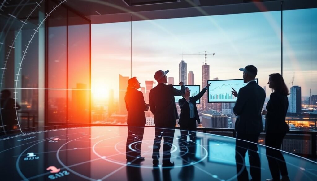 A dynamic representation of a radar system analyzing public construction bidding opportunities. In the foreground, a sleek digital radar interface displays real-time data points and analytics. The middle layer showcases a diverse team of professionals in business attire, intensely discussing and pointing at relevant graphs and trends on screens. In the background, a stylized city skyline symbolizes growth and development, bathed in warm, inviting lighting. The atmosphere is energetic and focused, emphasizing collaboration and strategic planning. Use a wide-angle lens to capture depth and detail, highlighting the importance of identifying current opportunities in public works projects.