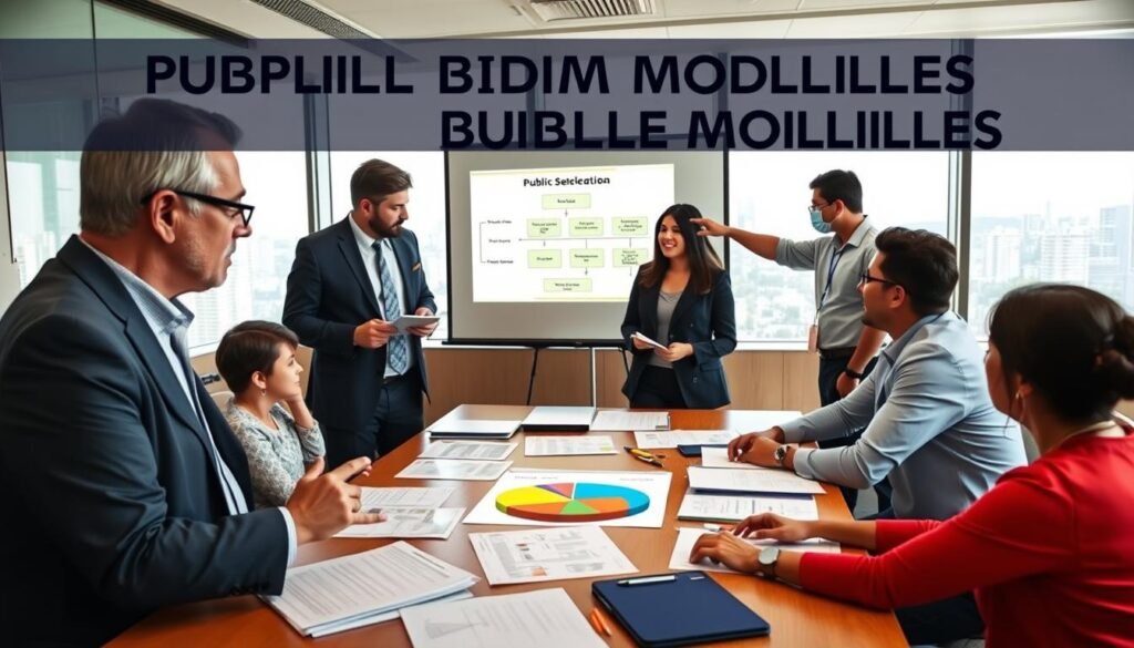 A dynamic scene depicting public bidding modalities in Colombia, with a diverse group of professionals engaged in a discussion around a table covered with documents, tender proposals, and charts. In the foreground, a middle-aged man in a suit gestures towards a pie chart displaying various bidding types. In the middle, a young woman in business attire takes notes while a colleague points to a projected slide showing a flowchart of the selection process. The background features a large window allowing natural light to illuminate the room, hinting at a cityscape outside. The atmosphere is collaborative and focused, with a sense of urgency and professionalism. The image captures the essence of public tender processes with clarity and detail, ensuring it resonates with the topic. A dynamic scene depicting public bidding modalities in Colombia, with a diverse group of professionals engaged in a discussion around a table covered with documents, tender proposals, and charts. In the foreground, a middle-aged man in a suit gestures towards a pie chart displaying various bidding types. In the middle, a young woman in business attire takes notes while a colleague points to a projected slide showing a flowchart of the selection process. The background features a large window allowing natural light to illuminate the room, hinting at a cityscape outside. The atmosphere is collaborative and focused, with a sense of urgency and professionalism. The image captures the essence of public tender processes with clarity and detail, ensuring it resonates with the topic.