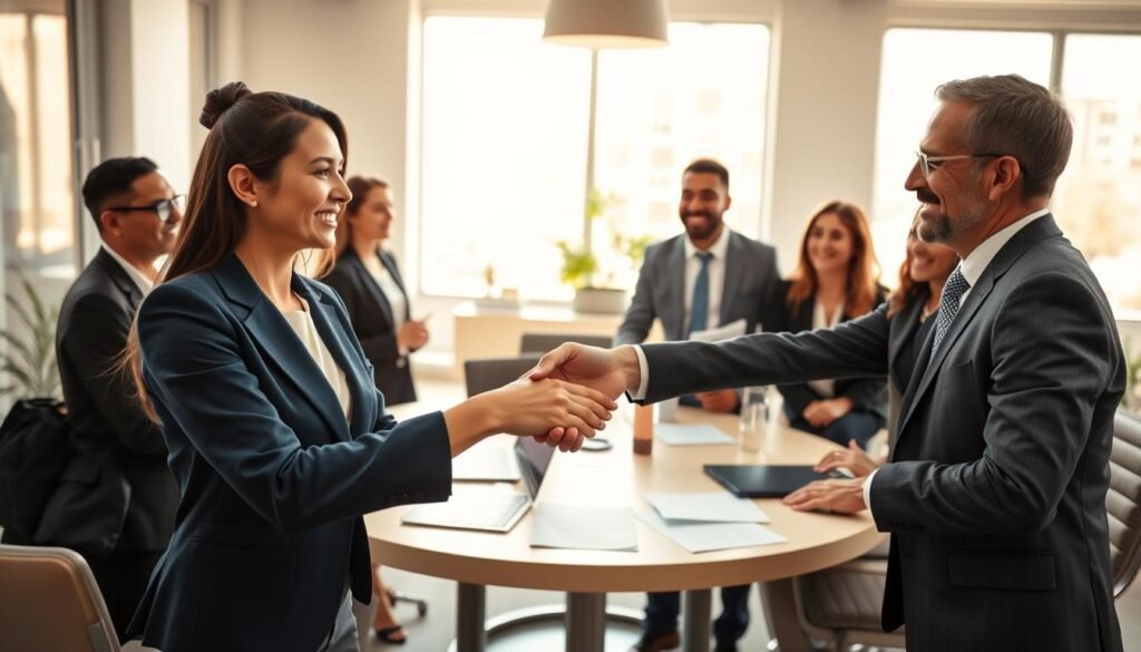 A dynamic scene illustrating a diverse group of professionals engaged in a negotiation setting. In the foreground, feature a confident businesswoman in a tailored navy suit shaking hands with a middle-aged businessman in a gray suit, both smiling, symbolizing an offer being made. In the middle ground, include a round conference table with documents and laptops, suggesting collaboration and decision-making. The background reveals a bright, modern office space with large windows letting in natural sunlight, casting soft shadows. Use a warm color palette to convey a welcoming atmosphere, and employ a slightly elevated angle to capture the interaction effectively. The overall mood should be professional yet amicable, focusing on the theme of offerings and negotiations in business.