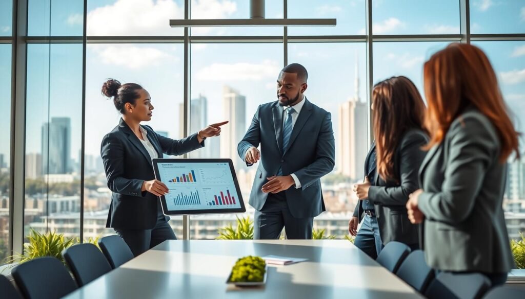 A dynamic scene illustrating the concept of temporary partnerships enhancing competitiveness in public contracting. In the foreground, two diverse business professionals in smart business attire engage in a collaborative discussion, pointing towards a digital tablet displaying charts and graphs showcasing successful projects. In the middle, a modern office setting with large glass windows allowing natural light to illuminate a sleek conference table and vibrant greenery. The background features a cityscape with a clear blue sky, symbolizing growth and opportunity. The atmosphere is energetic and professional, emphasizing teamwork and innovation, with soft, focused lighting highlighting the faces of the professionals as they exchange ideas. The angle captures the scene from a slightly elevated perspective, creating depth and enhancing the sense of collaboration.