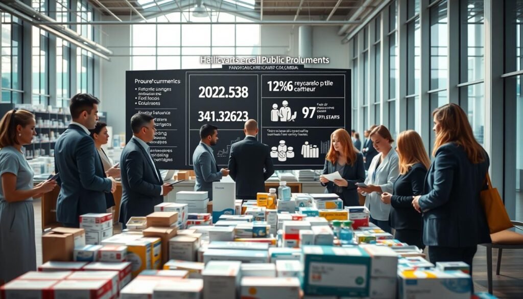 A dynamic scene showcasing a public procurement setting for healthcare supplies in Colombia. In the foreground, a diverse group of professionals in business attire discusses product options among various organized tables displaying pharmaceutical products, like boxes of medicines and medical equipment. In the middle, a sleek digital display board highlights key statistics and procurement strategies related to public purchasing in the healthcare sector. The background shows a slightly blurred view of a large, modern office space filled with natural light, symbolizing transparency and efficiency in public procurement. The atmosphere is focused and collaborative, with an emphasis on innovation and progress in the healthcare market for 2026. The lighting is bright and clear, giving a sense of optimism and professionalism.