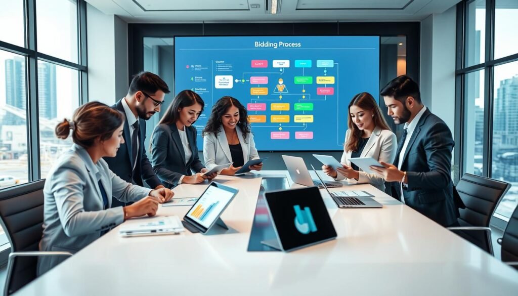 A dynamic software bidding process scene set in a modern, well-lit office environment. In the foreground, a diverse group of five professionals in business attire collaborate around a sleek conference table, examining digital tablets and laptops displaying colorful graphs and bidding documents. In the middle ground, a large screen shows a flowchart illustrating the bidding process, with vibrant colors and clear icons, highlighting efficiency. The background features large windows with a view of a bustling cityscape, allowing natural light to flood the room, creating a bright and inspiring atmosphere. The overall mood is one of focused teamwork and innovation, emphasizing the importance of technology in enhancing bidding processes. A dynamic software bidding process scene set in a modern, well-lit office environment. In the foreground, a diverse group of five professionals in business attire collaborate around a sleek conference table, examining digital tablets and laptops displaying colorful graphs and bidding documents. In the middle ground, a large screen shows a flowchart illustrating the bidding process, with vibrant colors and clear icons, highlighting efficiency. The background features large windows with a view of a bustling cityscape, allowing natural light to flood the room, creating a bright and inspiring atmosphere. The overall mood is one of focused teamwork and innovation, emphasizing the importance of technology in enhancing bidding processes.