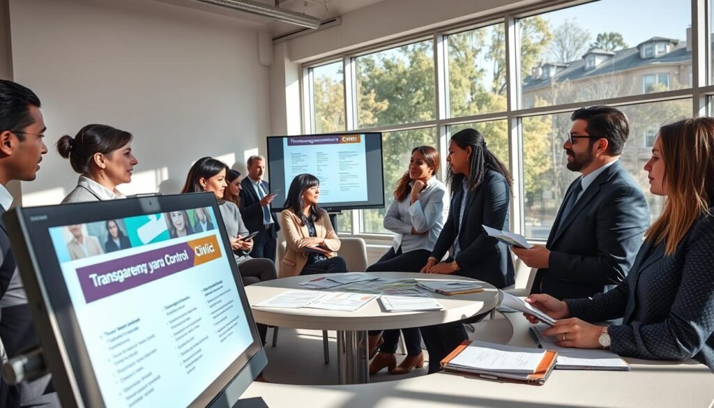 A dynamic training session focusing on transparency and civic control, featuring a diverse group of professionals engaged in a discussion. In the foreground, a projector displays colorful, informative slides about civic engagement, accountability, and certification processes. Participants, dressed in business attire, are taking notes and interacting, conveying enthusiasm and collaboration. The middle ground shows a round table with charts and notebooks scattered around, highlighting an active learning environment. The background consists of large windows allowing natural light to flood the room, creating a bright and inviting atmosphere. The overall mood is one of empowerment and professionalism, emphasizing the importance of participation and oversight in ongoing education. Soft shadows play across the environment, suggesting depth and engagement. A dynamic training session focusing on transparency and civic control, featuring a diverse group of professionals engaged in a discussion. In the foreground, a projector displays colorful, informative slides about civic engagement, accountability, and certification processes. Participants, dressed in business attire, are taking notes and interacting, conveying enthusiasm and collaboration. The middle ground shows a round table with charts and notebooks scattered around, highlighting an active learning environment. The background consists of large windows allowing natural light to flood the room, creating a bright and inviting atmosphere. The overall mood is one of empowerment and professionalism, emphasizing the importance of participation and oversight in ongoing education. Soft shadows play across the environment, suggesting depth and engagement.