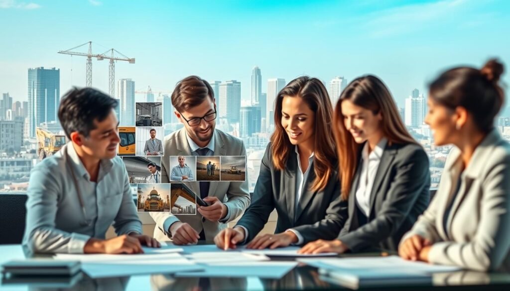 A dynamic visual representation of diverse industry sectors in Colombia, showcasing professionals engaged in various public bidding processes. In the foreground, a group of individuals in business attire, with a diverse ethnic mix, discussing plans and reviewing documents at a conference table. The middle layer features visuals of construction, healthcare, and technology sectors, represented by images of contracts, machinery, and digital screens. The background shows a skyline of Colombia’s urban architecture, under a clear blue sky, symbolizing opportunity and growth. Soft, natural lighting enhances the professional atmosphere, while a slight depth of field adds focus to the foreground group, creating a sense of collaboration and strategic thinking. The overall mood is optimistic and focused, reflecting effective strategies for winning public contracts.