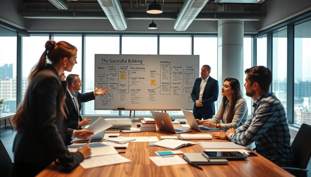 A dynamic workspace featuring a diverse group of professionals engaged in a lively discussion around a large table filled with documents, laptops, and presentation materials. In the foreground, a businesswoman in a smart blazer gestures towards a colorful chart illustrating a successful bidding process, while a man in a crisp shirt takes notes. The middle ground showcases a whiteboard filled with key points on methodology for crafting winning proposals, with sticky notes and diagrams. In the background, large windows let in natural light, creating an inviting atmosphere with a skyline view. The room is modern and well-organized, conveying a sense of collaboration and professionalism. Soft focus on surrounding elements enhances the central action, emphasizing teamwork and strategic planning. Bright and inspiring lighting sets a motivating tone.