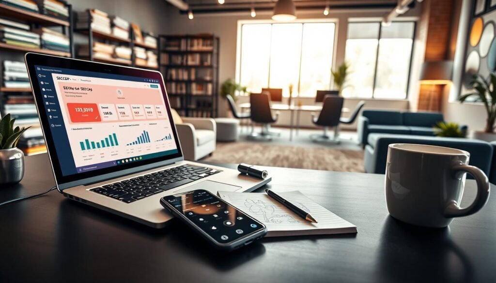 A dynamic workspace scene featuring essential tools for monitoring SECOP announcements. In the foreground, a sleek laptop displays a colorful dashboard with graphs and notifications, while a smartphone lies next to it, showing an app interface for real-time updates. A notepad with handwritten notes and a coffee cup add a personal touch. In the middle ground, a modern office with stylish furniture conveys a professional atmosphere; a large window lets in natural light, illuminating the area. The background features shelves stacked with books on procurement and business strategy, creating an engaging and informative ambiance. The overall mood is focused and organized, highlighting efficiency and innovation in business practices. The image should be bright and inviting, using soft yet clear lighting to enhance the workspace setting. A dynamic workspace scene featuring essential tools for monitoring SECOP announcements. In the foreground, a sleek laptop displays a colorful dashboard with graphs and notifications, while a smartphone lies next to it, showing an app interface for real-time updates. A notepad with handwritten notes and a coffee cup add a personal touch. In the middle ground, a modern office with stylish furniture conveys a professional atmosphere; a large window lets in natural light, illuminating the area. The background features shelves stacked with books on procurement and business strategy, creating an engaging and informative ambiance. The overall mood is focused and organized, highlighting efficiency and innovation in business practices. The image should be bright and inviting, using soft yet clear lighting to enhance the workspace setting.
