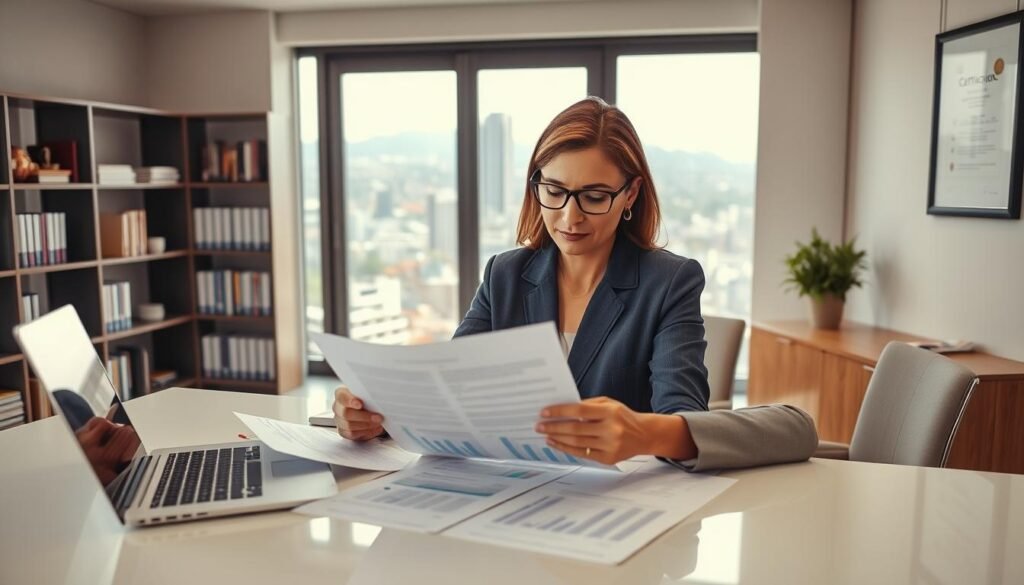 A focused business professional, a middle-aged Colombian woman, is intently reading a detailed contract, or "pliego de condiciones," at a sleek modern office desk. The foreground features her engaged expression and neatly arranged documents and a laptop displaying charts. In the middle ground, an open window reveals a panoramic view of a bustling cityscape, symbolizing growth and opportunities. The background includes shelves filled with industry-related books and a certification framed on the wall, highlighting professionalism. Soft, natural light streams in, creating an inviting atmosphere. The image captures a sense of determination and focus as she masters the complexities of public tenders, embodying a proactive approach to business success.