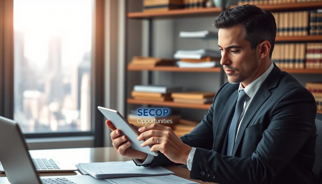 A focused business professional, dressed in smart business attire, intently examines a digital tablet displaying the SECOP opportunities platform. The foreground features the professional with a look of determination, sitting at a modern office desk surrounded by papers and a laptop, symbolizing diligence in public procurement. In the middle, a soft-focus window reveals a bustling cityscape, representing opportunity and growth. The background includes shelves stacked with reference books and legal documents, emphasizing a serious work environment. The lighting is bright and optimistic, with natural light streaming in, creating a sense of clarity and hope. The overall mood is one of ambition and focus, symbolizing the journey to find real opportunities in public contracting.