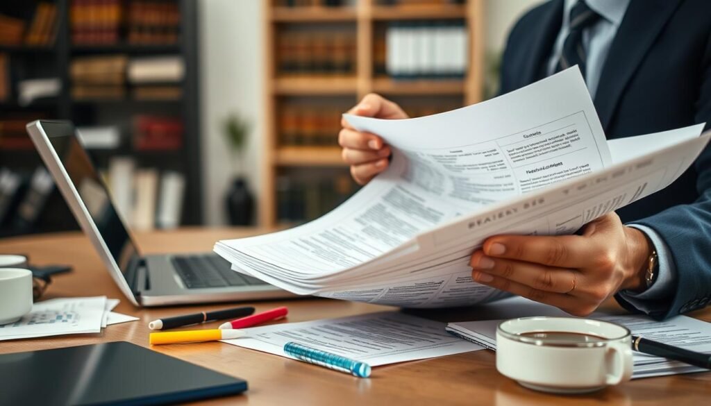 A focused business professional, dressed in smart business attire, intently examining a stack of detailed bidding documents or "pliegos de condiciones." The foreground features a close-up of hands flipping through pages, revealing charts, bullet points, and legal language. In the middle ground, a wooden table cluttered with office supplies like a laptop, highlighters, and a cup of coffee symbolizes the preparation process. The background softly blurs into a well-lit office environment with shelves of books and legal texts, enhancing the scholarly atmosphere. The lighting is bright and even, capturing an attentive, serene mood as the individual prepares to navigate the complexities of bidding processes in Colombia, ensuring clarity and focus in the work.