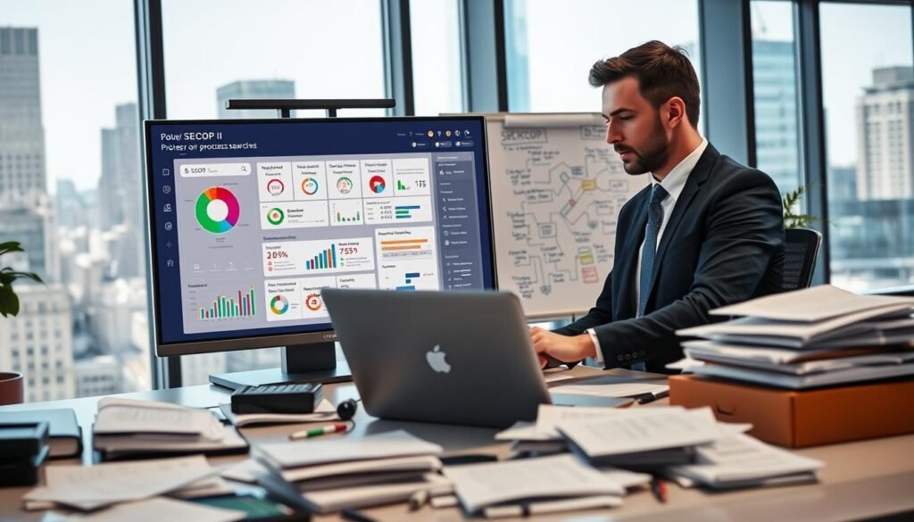 A focused business professional, dressed in smart casual attire, is seated at a sleek modern desk cluttered with papers and digital devices, analyzing data on a laptop. In the foreground, a large touchscreen displays a colorful dashboard highlighting key metrics of SECOP II processes, with graphs and tables for filtering and prioritizing opportunities. The middle ground features a whiteboard filled with dynamic flowcharts and notes, showcasing a well-organized method for process searches. In the background, bright office lighting illuminates a contemporary workspace with large windows offering a view of a bustling city. The atmosphere is energetic and purposeful, emphasizing clarity and efficiency in navigating complex information. The overall composition evokes a sense of professionalism and strategic insight in government procurement processes.