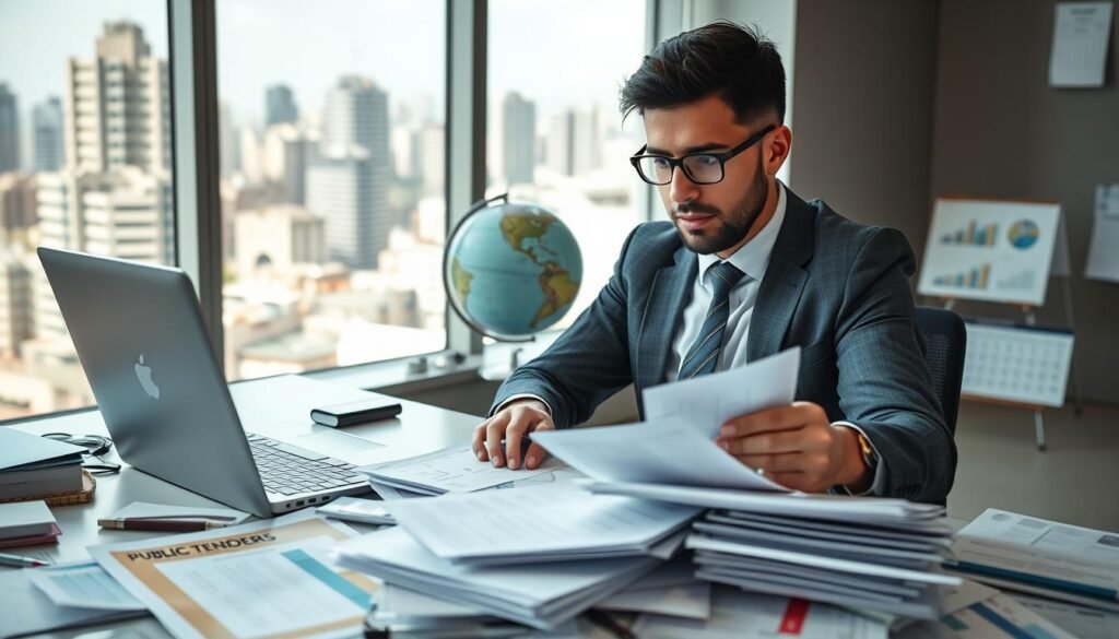 A focused business professional in formal attire, seated at a modern desk cluttered with documents and a laptop, intently reviewing public tender opportunities. In the foreground, various papers and a colorful infographic about public tenders can be seen. The middle ground displays a well-organized workspace with a globe, charts, and a calendar marked with important dates. The background features a large window with natural light flooding in, revealing a cityscape of Bogotá, Colombia. The atmosphere is energetic yet focused, embodying determination and strategic planning. Use bright but balanced lighting to enhance clarity, and a slightly overhead angle to capture the workspace effectively.