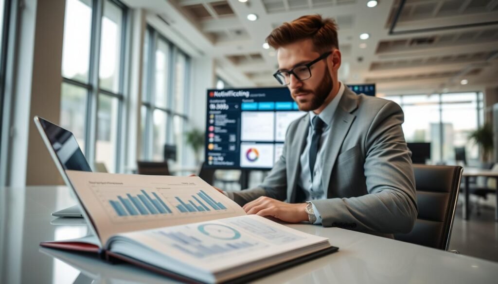 A focused business professional seated at a modern desk, intently reviewing digital data and documents on a sleek laptop regarding procurement processes. In the foreground, an open notebook displays graphs and charts, illustrating real-time updates. The middle ground features a large screen showing a dashboard of bidding opportunities and notifications, with glowing icons to represent actionable insights. In the background, a bright office space with large windows allows natural light to fill the room, creating an atmosphere of productivity. The overall mood conveys diligence and focus, underscoring the importance of staying informed in competitive environments. The individual is dressed in professional business attire, exuding a sense of confidence and competence.