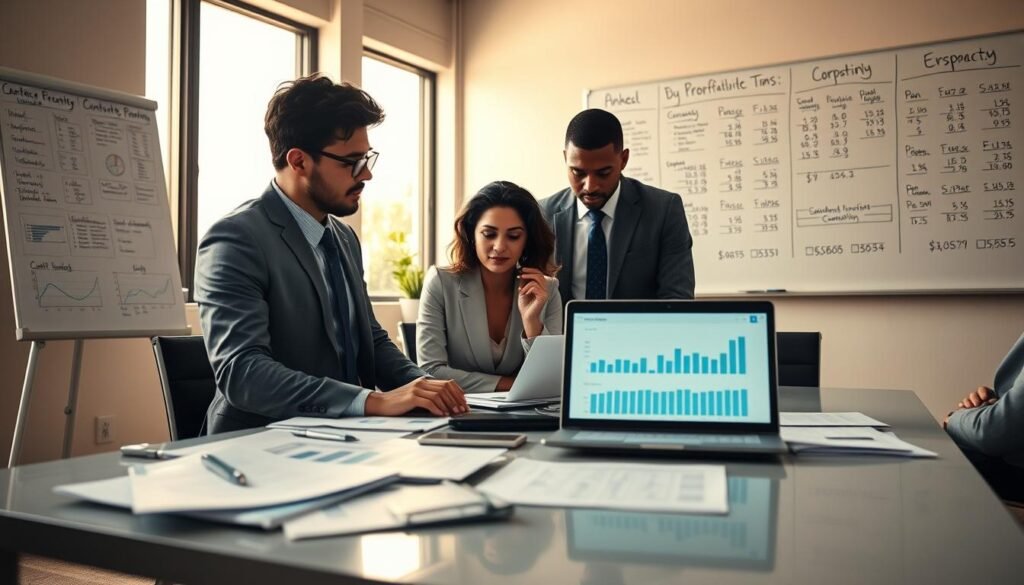 A focused business setting featuring a professional analyst reviewing financial data. In the foreground, a diverse group of three individuals, dressed in smart business attire, is gathered around a sleek conference table covered with documents, charts, and a laptop displaying graphs. The middle ground showcases a large window with natural light streaming in, illuminating the workspace. In the background, a whiteboard filled with strategic plans and financial figures dominates one wall. The atmosphere is tense yet hopeful, reflecting the urgency of assessing contract profitability. Soft, warm lighting adds a touch of positivity to the scene, creating a balance between seriousness and opportunity. The angle is slightly above eye level, providing a clear view of the group's engagement with the materials in front of them. A focused business setting featuring a professional analyst reviewing financial data. In the foreground, a diverse group of three individuals, dressed in smart business attire, is gathered around a sleek conference table covered with documents, charts, and a laptop displaying graphs. The middle ground showcases a large window with natural light streaming in, illuminating the workspace. In the background, a whiteboard filled with strategic plans and financial figures dominates one wall. The atmosphere is tense yet hopeful, reflecting the urgency of assessing contract profitability. Soft, warm lighting adds a touch of positivity to the scene, creating a balance between seriousness and opportunity. The angle is slightly above eye level, providing a clear view of the group's engagement with the materials in front of them.