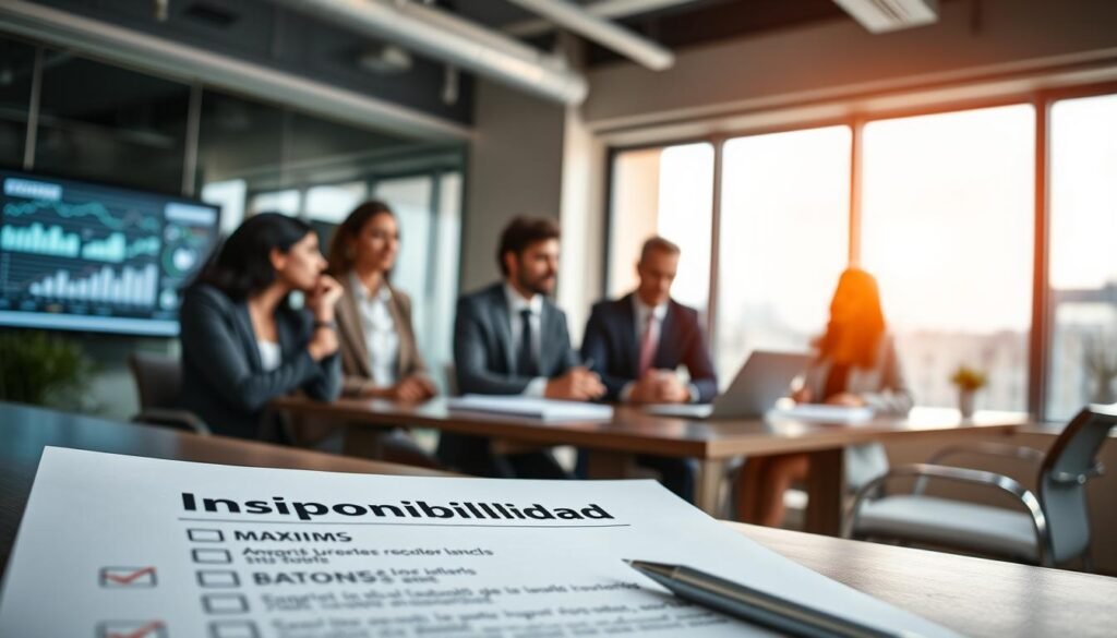 A focused business setting illustrating the concept of "indisponibilidad." In the foreground, a professional-looking document labeled "Indisponibilidad" with a clear checklist and a pen beside it. In the middle, a group of diverse individuals in business attire, one gesturing thoughtfully while another takes notes, all engaged in a discussion around a conference table. The background features a large window with natural light pouring in, casting a warm, inviting glow over the scene, and a digital screen showing graphs and progress indicators. The atmosphere is serious yet collaborative, emphasizing the importance of understanding resource availability within a professional context, captured with a slightly angled perspective to add depth to the image.