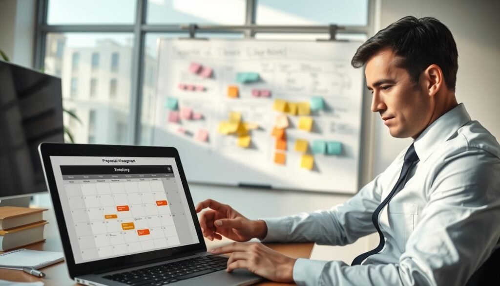 A focused office environment depicting a professional man in business attire, sitting at a desk, analyzing a timeline and checklist for proposal management. In the foreground, there is a laptop opened to a digital calendar displaying important dates and deadlines, with colorful markers indicating different phases of the process. The middle ground features a whiteboard filled with flowcharts and sticky notes, outlining steps for proposal submission. In the background, soft, natural light streams through large windows, creating an inviting atmosphere. The overall mood is organized, determined, and strategic, illustrating effective time management in the context of government proposal preparation.