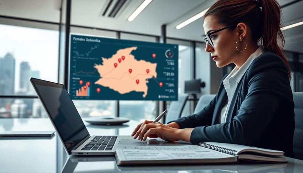 A focused office environment depicting a professional woman in business attire, intently reviewing a digital screen filled with graphs and data, symbolizing opportunities in public bidding. In the foreground, a modern laptop and a notepad filled with notes related to tender opportunities. The middle ground features a sleek desk with an animated presentation showcasing a map of Colombia, highlighting various regions with pins to indicate alerts. The background shows a well-lit office space with large windows offering a view of the city skyline, suggesting an atmosphere of optimism and productivity. The lighting is bright and inviting, creating a sense of clarity and purpose. The overall mood is one of diligence and opportunity, with a sense of urgency and optimism in the pursuit of professional growth. A focused office environment depicting a professional woman in business attire, intently reviewing a digital screen filled with graphs and data, symbolizing opportunities in public bidding. In the foreground, a modern laptop and a notepad filled with notes related to tender opportunities. The middle ground features a sleek desk with an animated presentation showcasing a map of Colombia, highlighting various regions with pins to indicate alerts. The background shows a well-lit office space with large windows offering a view of the city skyline, suggesting an atmosphere of optimism and productivity. The lighting is bright and inviting, creating a sense of clarity and purpose. The overall mood is one of diligence and opportunity, with a sense of urgency and optimism in the pursuit of professional growth.