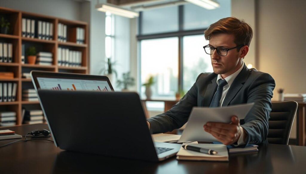 A focused office scene depicting a professional individual seated at a modern desk, closely examining documents and results on a laptop. The foreground features a detailed view of a laptop screen displaying graphs and statistics, with a notepad and a pen nearby. In the middle ground, the individual, dressed in smart business attire, is engaged in serious analysis, highlighting the process of reviewing findings. The background shows a well-organized office with shelves of reference books and a large window letting in natural light, creating a bright, motivational atmosphere. The lighting is soft yet illuminating, emphasizing the concentration and dedication of the individual. The mood is one of focus and determination, reflecting a methodical approach to research.