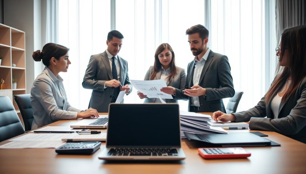 A focused scene depicting a professional office workspace with a diverse group of businesspeople collaborating on a financial proposal. In the foreground, a neatly organized table holds documents, laptops, and calculators, symbolizing an economic proposal in progress. In the middle, three individuals (two men and one woman) in professional business attire are engaged in discussion, reviewing charts and figures, conveying a sense of teamwork and concentration. The background features a large window allowing soft natural light to illuminate the space, creating an inviting yet serious atmosphere. The overall mood reflects diligence and professionalism, emphasizing the importance of preparing a precise economic proposal without errors that could lead to disqualification.