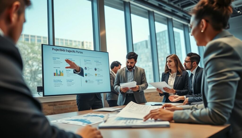 A focused scene depicting a professional setting where a diverse group of individuals collaboratively discussing project bids in a modern office environment. In the foreground, a confident woman in a business suit gestures towards a digital presentation on a sleek screen, illustrating key points on bidding strategies. The middle layer features her colleagues, dressed in professional attire, engaged in thoughtful conversation, analyzing documents with charts and graphs spread out on the table. In the background, large windows let in natural light, providing a warm and inviting atmosphere. The lighting is bright, emphasizing a sense of productivity and teamwork. The camera angle captures the dynamism of the discussion, showcasing the excitement of navigating the bidding process in Colombia. A focused scene depicting a professional setting where a diverse group of individuals collaboratively discussing project bids in a modern office environment. In the foreground, a confident woman in a business suit gestures towards a digital presentation on a sleek screen, illustrating key points on bidding strategies. The middle layer features her colleagues, dressed in professional attire, engaged in thoughtful conversation, analyzing documents with charts and graphs spread out on the table. In the background, large windows let in natural light, providing a warm and inviting atmosphere. The lighting is bright, emphasizing a sense of productivity and teamwork. The camera angle captures the dynamism of the discussion, showcasing the excitement of navigating the bidding process in Colombia.