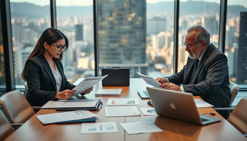 A focused scene depicting a professional setting where individuals are engaged in a discussion about state contract offerings in Colombia. In the foreground, a diverse group of three professionals—one Colombian woman in a smart blazer, a young man wearing glasses, and an older gentleman with a briefcase—are examining documents and digital devices, showcasing collaboration and analysis. The middle section features a modern conference table surrounded by papers, charts, and laptops, emphasizing the seriousness of the topic. In the background, a large window reveals a cityscape of Bogotá, bathed in warm daylight, adding a sense of location and context. The lighting is bright and inviting, creating a professional atmosphere, with a slight depth of field to keep the focus on the individuals at the table.