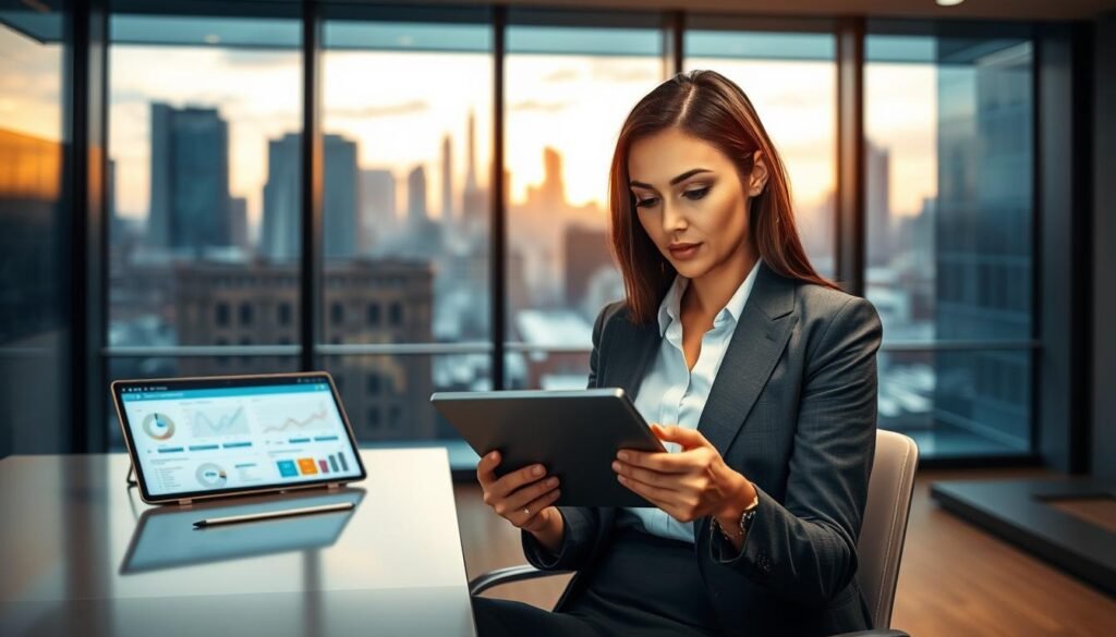 A focused scene illustrating a modern office setting where a professional individual is using a digital device to filter engineering bids. In the foreground, a well-dressed woman in business attire, sitting at a sleek desk, browses an interactive digital directory on a tablet. She has an expression of concentration and determination. In the middle ground, a large screen displays graphs and charts related to engineering opportunities, softly glowing in a warm light. The background features an urban skyline visible through large windows, indicating a vibrant business district. The atmosphere is one of innovation and opportunity, with warm, natural lighting that creates a welcoming ambiance. This composition aims to inspire and communicate the idea of finding fitting engineering bids through effective filtering.