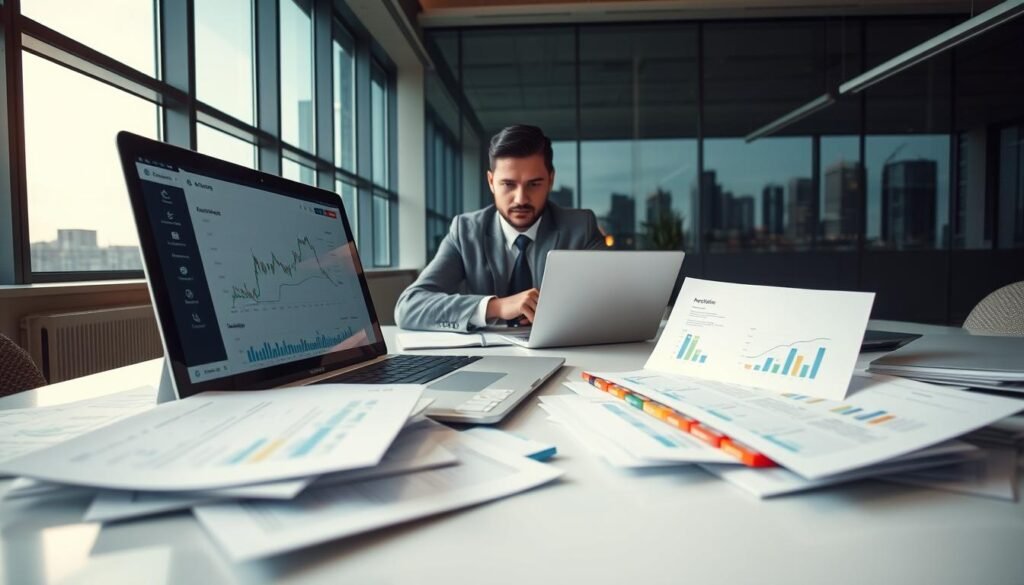 A focused workspace depicting a professional setting for monitoring public bidding alerts. In the foreground, an organized desk with a laptop open, displaying graphs and notifications for public tenders. Scattered documents with color-coded tabs hint at alerts and strategies. In the middle layer, a calm individual in business attire, deeply engaged with their screen, showing determination and focus. The background features a softly lit modern office with large windows, letting in natural light, and a city skyline visible in the distance. The atmosphere conveys diligence and professionalism, emphasizing preparedness and strategy in managing public tenders. Use a wide-angle lens to capture the entire scene, highlighting the balance between technology and urban productivity. A focused workspace depicting a professional setting for monitoring public bidding alerts. In the foreground, an organized desk with a laptop open, displaying graphs and notifications for public tenders. Scattered documents with color-coded tabs hint at alerts and strategies. In the middle layer, a calm individual in business attire, deeply engaged with their screen, showing determination and focus. The background features a softly lit modern office with large windows, letting in natural light, and a city skyline visible in the distance. The atmosphere conveys diligence and professionalism, emphasizing preparedness and strategy in managing public tenders. Use a wide-angle lens to capture the entire scene, highlighting the balance between technology and urban productivity.