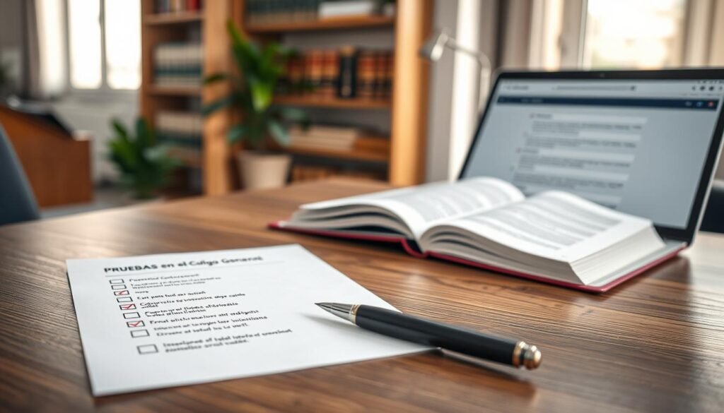 A focused workspace showcasing a checklist for legal documentation, specifically themed around Colombia's legal processes. In the foreground, a wooden desk holds a neatly organized checklist, featuring bullet points and checkboxes related to "Pruebas en el Código General del Proceso." There's a stylish pen placed next to it. In the middle ground, an open law book with highlighted passages lies beside a laptop displaying a legal research page. The background features a softly blurred office environment with shelves holding legal books and a potted plant, creating a professional atmosphere. Soft, natural lighting filters in from a window, casting gentle shadows, aiming for an inspiring and diligent mood. The scene captures the essence of professionalism and preparation in legal practice. A focused workspace showcasing a checklist for legal documentation, specifically themed around Colombia's legal processes. In the foreground, a wooden desk holds a neatly organized checklist, featuring bullet points and checkboxes related to "Pruebas en el Código General del Proceso." There's a stylish pen placed next to it. In the middle ground, an open law book with highlighted passages lies beside a laptop displaying a legal research page. The background features a softly blurred office environment with shelves holding legal books and a potted plant, creating a professional atmosphere. Soft, natural lighting filters in from a window, casting gentle shadows, aiming for an inspiring and diligent mood. The scene captures the essence of professionalism and preparation in legal practice.