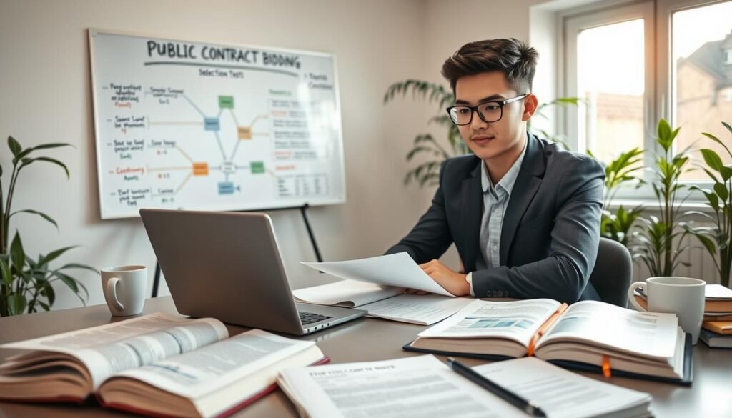 A focused young professional, dressed in business attire, sits at a well-organized desk, surrounded by study materials and a laptop showcasing graphs and charts related to public contract bidding. The foreground features open books, notes with highlighted passages, and a cup of coffee, symbolizing dedication and concentration. In the middle ground, a large whiteboard displays a mind map outlining preparation strategies for selection tests, with colorful markers and diagrams. The background depicts a soft-lit room filled with plants, suggesting a calm yet productive environment. Natural light filters through a window, casting a warm glow over the scene, creating an atmosphere of motivation and focus, ideal for preparing for important evaluations. A focused young professional, dressed in business attire, sits at a well-organized desk, surrounded by study materials and a laptop showcasing graphs and charts related to public contract bidding. The foreground features open books, notes with highlighted passages, and a cup of coffee, symbolizing dedication and concentration. In the middle ground, a large whiteboard displays a mind map outlining preparation strategies for selection tests, with colorful markers and diagrams. The background depicts a soft-lit room filled with plants, suggesting a calm yet productive environment. Natural light filters through a window, casting a warm glow over the scene, creating an atmosphere of motivation and focus, ideal for preparing for important evaluations.
