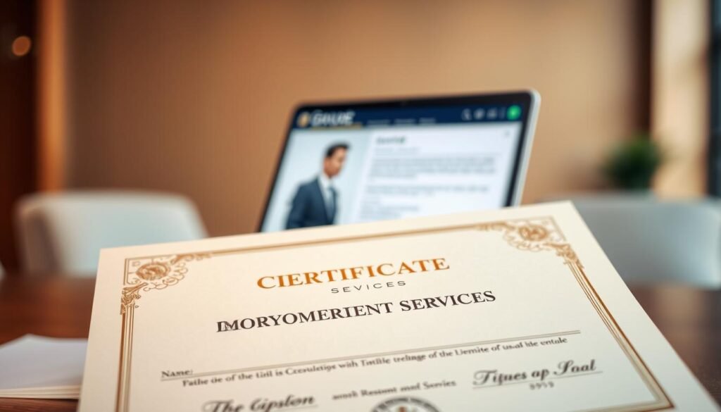A formal certificate of employment services, prominently displayed in the foreground, showcasing elegant design elements such as gold embossing and intricate borders. The certificate should feature sections designated for names, dates, and official stamps, providing a sense of authenticity. In the middle ground, a well-organized digital workspace is visible, featuring a sleek laptop with an application form on the screen, perhaps a person in professional business attire slightly blurred as they interact with the laptop, emphasizing the theme of online access and application processes. In the background, a subtle blend of soft lighting creates a warm and inviting atmosphere, suggesting professionalism and efficiency. The overall mood should be one of accomplishment and accessibility, illustrating an essential administrative procedure in a modern setting.