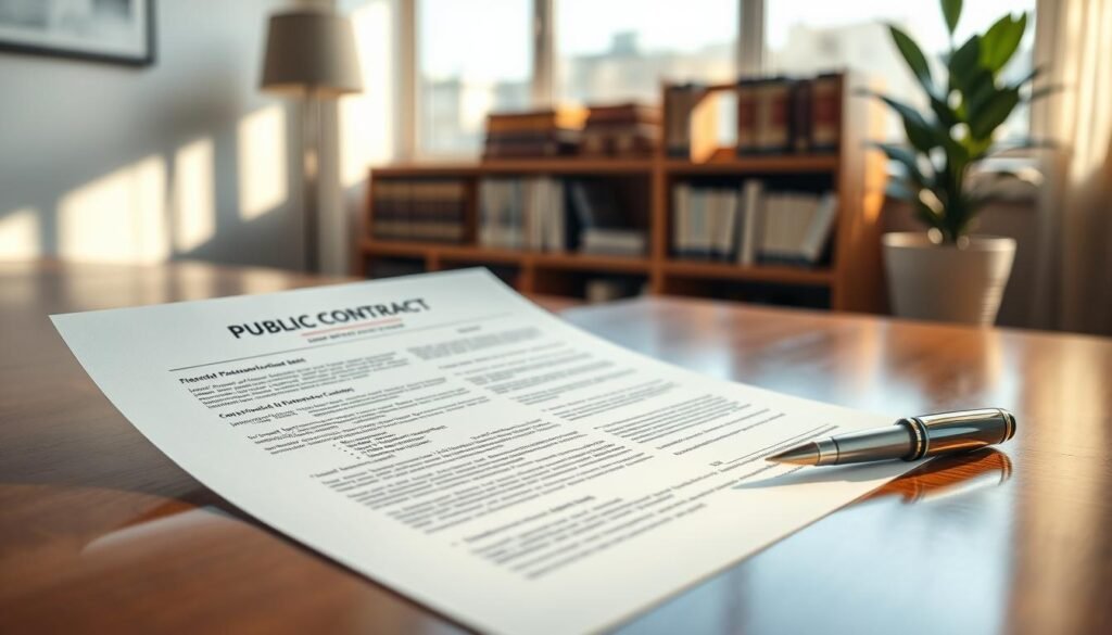 A formal contract document displayed prominently on a polished wooden desk, with a blurred background of a modern office setting. The contract features a detailed layout with professional formatting, complete with signature lines and various sections visibly labeled. Soft, natural lighting from a window casts a warm glow on the desk, enhancing the seriousness of the document. Nearby, a stylish fountain pen rests beside the contract, suggesting an ongoing discussion about public procurement. In the background, a bookshelf filled with law books and a potted plant add depth to the scene, creating a professional and serious atmosphere. The composition utilizes a slight overhead angle to emphasize the contract as the focal point while maintaining clarity and professionalism. A formal contract document displayed prominently on a polished wooden desk, with a blurred background of a modern office setting. The contract features a detailed layout with professional formatting, complete with signature lines and various sections visibly labeled. Soft, natural lighting from a window casts a warm glow on the desk, enhancing the seriousness of the document. Nearby, a stylish fountain pen rests beside the contract, suggesting an ongoing discussion about public procurement. In the background, a bookshelf filled with law books and a potted plant add depth to the scene, creating a professional and serious atmosphere. The composition utilizes a slight overhead angle to emphasize the contract as the focal point while maintaining clarity and professionalism.