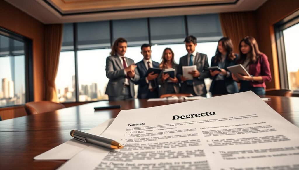 A formal meeting scene in an elegant Colombian government office. In the foreground, a detailed wooden table with open files, including a prominent "Decreto" document, featuring clear headers and bullet points. Beside the document, a pen and a tablet are placed strategically. In the middle ground, diverse professionals in business attire engaged in deep discussion, one pointing towards the document, while the others take notes or analyze data on their tablets. In the background, a large window reveals a view of the Bogotá skyline, with warm, natural light illuminating the scene, creating a productive and serious atmosphere. The color palette should be a blend of warm tones to emphasize focus and professionalism. A formal meeting scene in an elegant Colombian government office. In the foreground, a detailed wooden table with open files, including a prominent "Decreto" document, featuring clear headers and bullet points. Beside the document, a pen and a tablet are placed strategically. In the middle ground, diverse professionals in business attire engaged in deep discussion, one pointing towards the document, while the others take notes or analyze data on their tablets. In the background, a large window reveals a view of the Bogotá skyline, with warm, natural light illuminating the scene, creating a productive and serious atmosphere. The color palette should be a blend of warm tones to emphasize focus and professionalism.