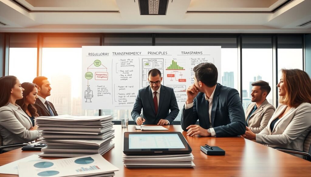 A formal office setting showcases a large, modern conference table surrounded by diverse professionals in business attire, deeply engaged in discussion. In the foreground, emphasize a stack of legal documents and a digital tablet displaying financial charts and procurement plans. The middle layer features a large whiteboard filled with diagrams outlining the regulatory framework of public bidding, emphasizing transparency principles with colorful markers. The background includes large windows revealing a cityscape bathed in soft, natural light, evoking a sense of progress and opportunity. The overall atmosphere should convey focus, professionalism, and collaboration, highlighting the importance of understanding the regulatory landscape in public works projects.