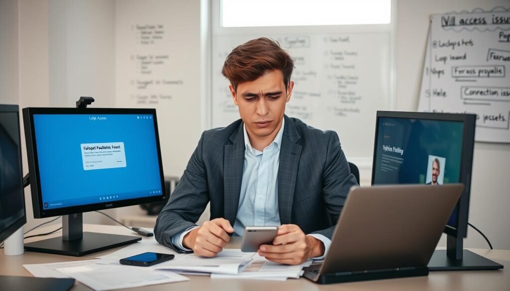 A frustrated young professional sitting at a modern desk, surrounded by multiple screens displaying login errors and troubleshooting guides associated with online platforms. The desk is cluttered with paperwork and a smartphone showing a help chat interface. In the background, a wall-mounted whiteboard with doodles of common access problems like “Forgot Password” and “Connection Issues.” Soft, natural lighting floods the room from a nearby window, creating a serene atmosphere in contrast to the individual's evident frustration. The scene captures the technical essence of problem-solving, emphasizing the need for clarity and guidance in digital access. The person is dressed in professional business attire, reflecting a serious yet focused demeanor. A frustrated young professional sitting at a modern desk, surrounded by multiple screens displaying login errors and troubleshooting guides associated with online platforms. The desk is cluttered with paperwork and a smartphone showing a help chat interface. In the background, a wall-mounted whiteboard with doodles of common access problems like “Forgot Password” and “Connection Issues.” Soft, natural lighting floods the room from a nearby window, creating a serene atmosphere in contrast to the individual's evident frustration. The scene captures the technical essence of problem-solving, emphasizing the need for clarity and guidance in digital access. The person is dressed in professional business attire, reflecting a serious yet focused demeanor.