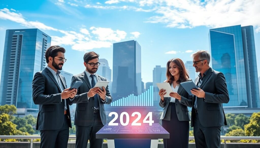 A futuristic cityscape representing "control, transparency, and prioritization" for 2024. In the foreground, a diverse group of four professionals, three men and one woman, dressed in business attire with digital tablets in hand, engaged in a discussion around a holographic display showcasing transparent governance metrics. The middle layer features sleek, modern buildings with glass facades reflecting sunlight, symbolizing openness and accountability. In the background, a clear blue sky with soft, ambient light enhances the scene while a few trees and green spaces indicate a commitment to sustainability. The overall mood is optimistic and empowering, conveying a sense of progress and cooperation. A futuristic cityscape representing "control, transparency, and prioritization" for 2024. In the foreground, a diverse group of four professionals, three men and one woman, dressed in business attire with digital tablets in hand, engaged in a discussion around a holographic display showcasing transparent governance metrics. The middle layer features sleek, modern buildings with glass facades reflecting sunlight, symbolizing openness and accountability. In the background, a clear blue sky with soft, ambient light enhances the scene while a few trees and green spaces indicate a commitment to sustainability. The overall mood is optimistic and empowering, conveying a sense of progress and cooperation.
