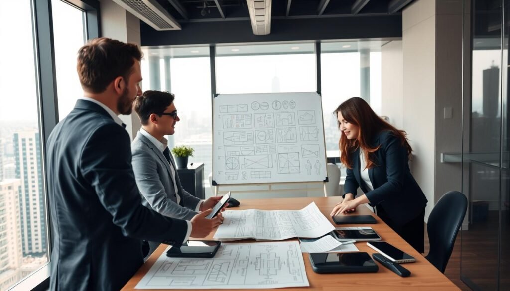 A group of dedicated professionals in a modern office setting, emphasizing their commitment to technical excellence. Foreground: Three individuals in professional business attire, engaged in dynamic discussions around a table covered with blueprints and digital devices. Middle: A whiteboard filled with diagrams and strategies, symbolizing collaborative problem-solving. Background: A large window revealing a bustling cityscape, with sunlight streaming in to create a warm and inspiring atmosphere. The mood is focused and optimistic, highlighting teamwork and innovation. Use soft, ambient lighting that creates depth, and a slightly elevated perspective that captures both the interactions and the environment. A group of dedicated professionals in a modern office setting, emphasizing their commitment to technical excellence. Foreground: Three individuals in professional business attire, engaged in dynamic discussions around a table covered with blueprints and digital devices. Middle: A whiteboard filled with diagrams and strategies, symbolizing collaborative problem-solving. Background: A large window revealing a bustling cityscape, with sunlight streaming in to create a warm and inspiring atmosphere. The mood is focused and optimistic, highlighting teamwork and innovation. Use soft, ambient lighting that creates depth, and a slightly elevated perspective that captures both the interactions and the environment.